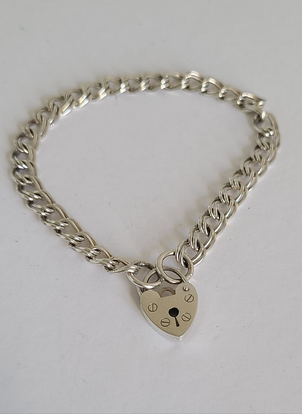 Vintage Double Curb Link Heart Padlock Key Charm Sterling Silver Chain Bracelet